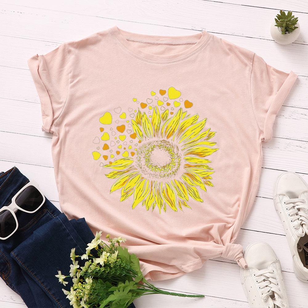Cotton T-Shirt Short Sleeve Round Neck Women 2d Print Tops