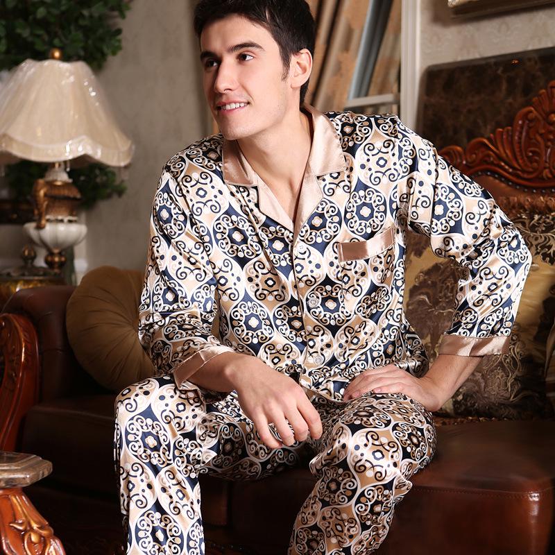 Men's Silk Long Sleeve Pajamas Set: Spring to Autumn, Lightweight, Loose, and Comfortable Homewear.