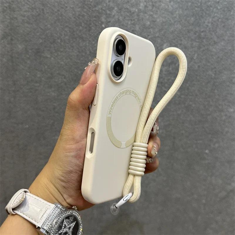 Apple 16 Magnetische Vloeibare Siliconen Telefoonhoes met Lanyard voor iPhone 15 Pro Max - Huidachtige Volledige Bedekking
