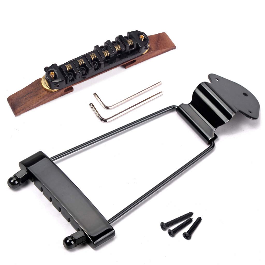 Ogdni 6-String Guitar Trapeze Tailpiece Bridge and Roller Tune-O-Matic Saddle Bridge Replacement for Jazz Archtop Guitars, Black
