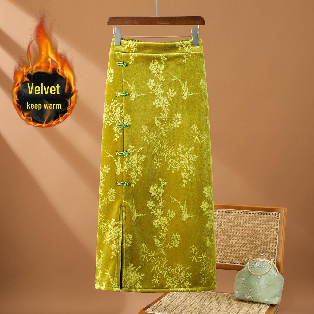 Women's Chinese Style Jacquard Fleece-Lined Velvet A-Line Midi Skirt with Frog Button and Slit