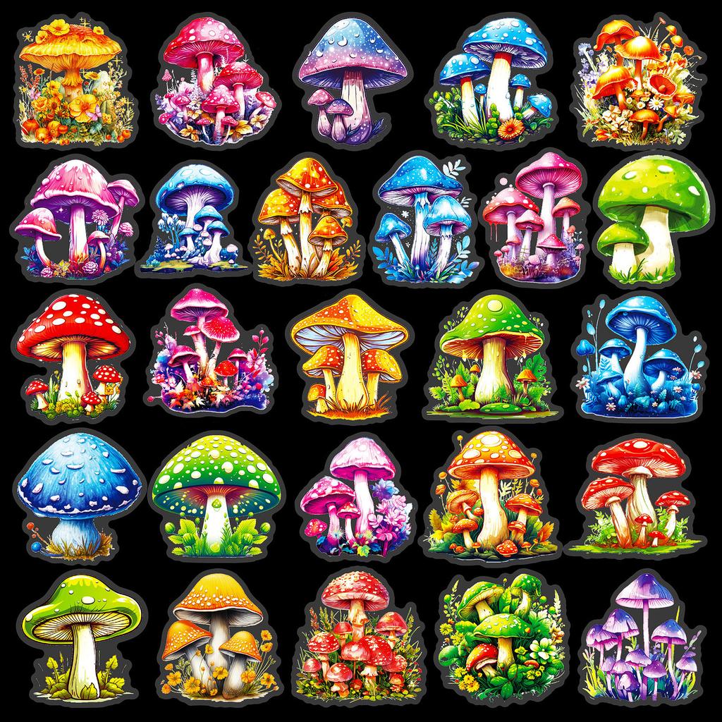 50 Various Mushroom Pet Stickers Creative Mushroom Theme Handbook Decorative Stickers Waterproof Retro Plant Stickers