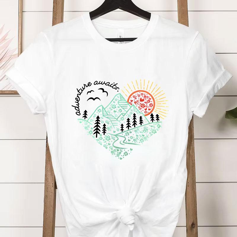 Adventure Awaits Heart Design Tshirt Women Mountain Hiking Nature Lover Gift Casual Tops Adventure Outdoors Camping Tshirts S