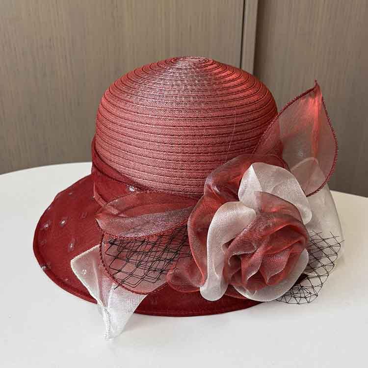 European and American retro organza small edge basin hat fashionable two-color flower mesh sun hat summer beach sun protection hat