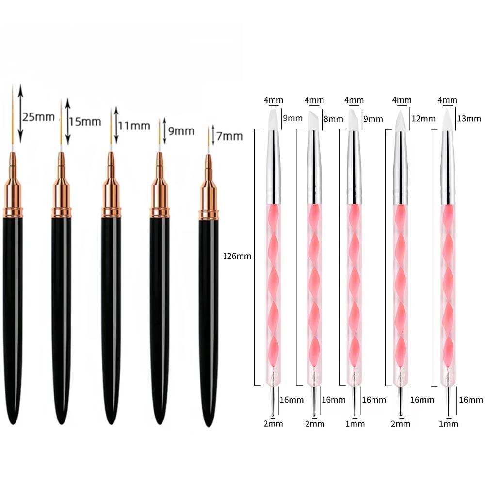 10Pcs Nail Liner Brush Set UV Gel Nail Brushes Kits Silicone Point Flower Nail Pen French Stripe Line Painting Drawing Tools