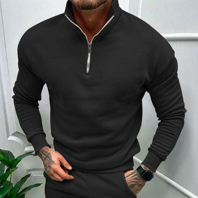 Autumn and Winter Men's Casual Padded Solid Colour Long-sleeved Half Zip POLO Stand-up Collar Top Man