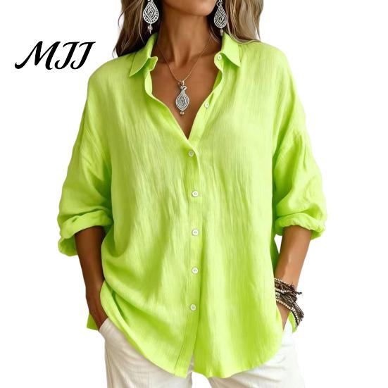 Solid Color Blouses Women Casual Button Front Shirt, Long Sleeve Turndown Collar Blouse, Work Shirts Drop Shoulder Fall Top for Daily Wear