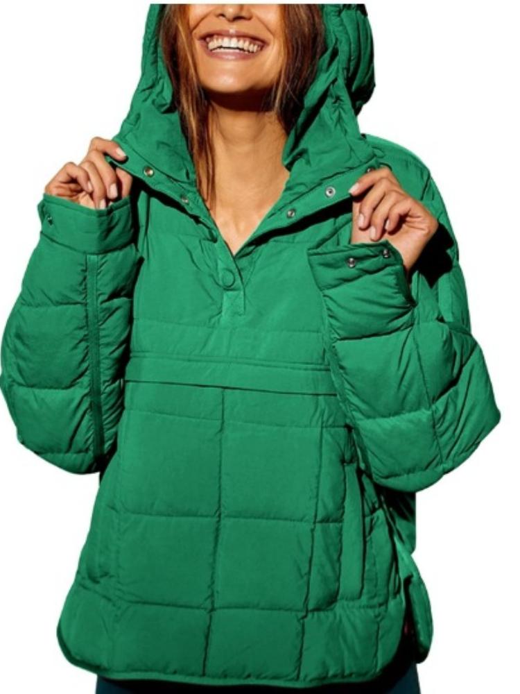 

Жіноча стьобана куртка-пуховик з капюшоном і коміром-стійкою, кишенями на блискавці, рукавами реглан у темно-зеленому, бежевому, фіолетовому, світло-блакитному, чорному кольорах 4XL