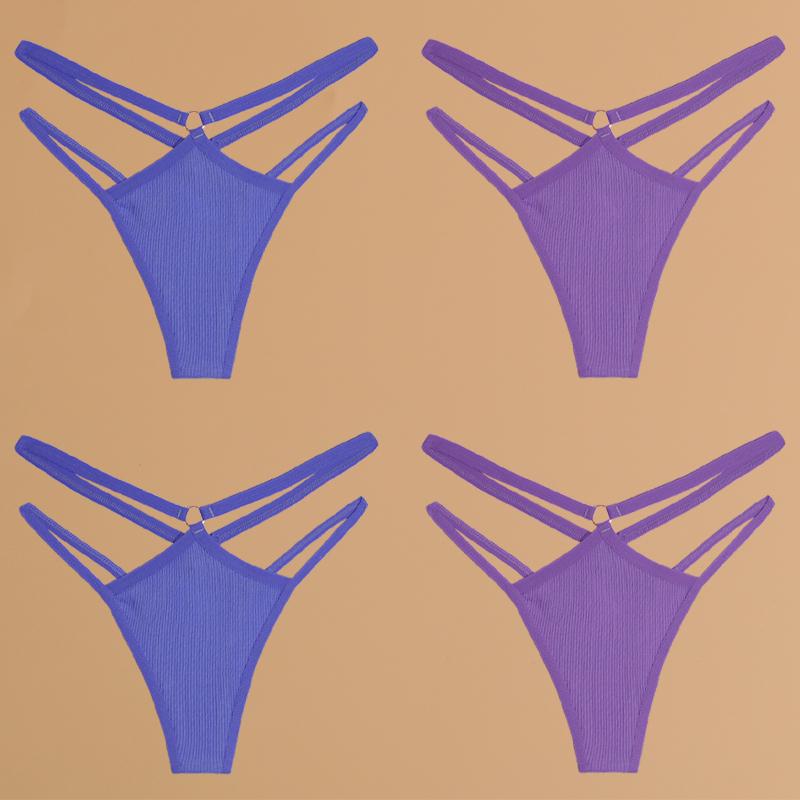 FINETOO 4-teilige Unterwäsche aus Baumwolle mit doppeltem, dünnem Gürtel für Frauen, sexy, niedrige Taille, gestreifte Tangas, einfarbige Damenhöschen, atmungsaktive Dessous