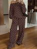 Womens Polka Dot Print Off Shoulder Long Sleeve Loose Casual Two Piece Sweatshirt Pant Set