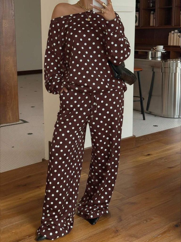Womens Polka Dot Print Off Shoulder Long Sleeve Loose Casual Two Piece Sweatshirt Pant Set