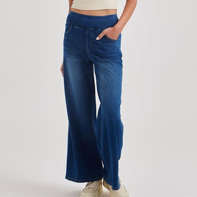 Women'S Jeans, Ladies Washed Casual High Waist Elastic Waistband Loose Fit Denim Pants and Clothing, Versatile Elegant Wide Leg Jeans for Women