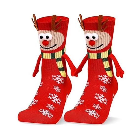 Cartoon Christmas Socks Magnetic Holding Hands Socks Cute Snowman Reindeer New Year Socks Fun Gifts for Girls Teens Birthday Holidays