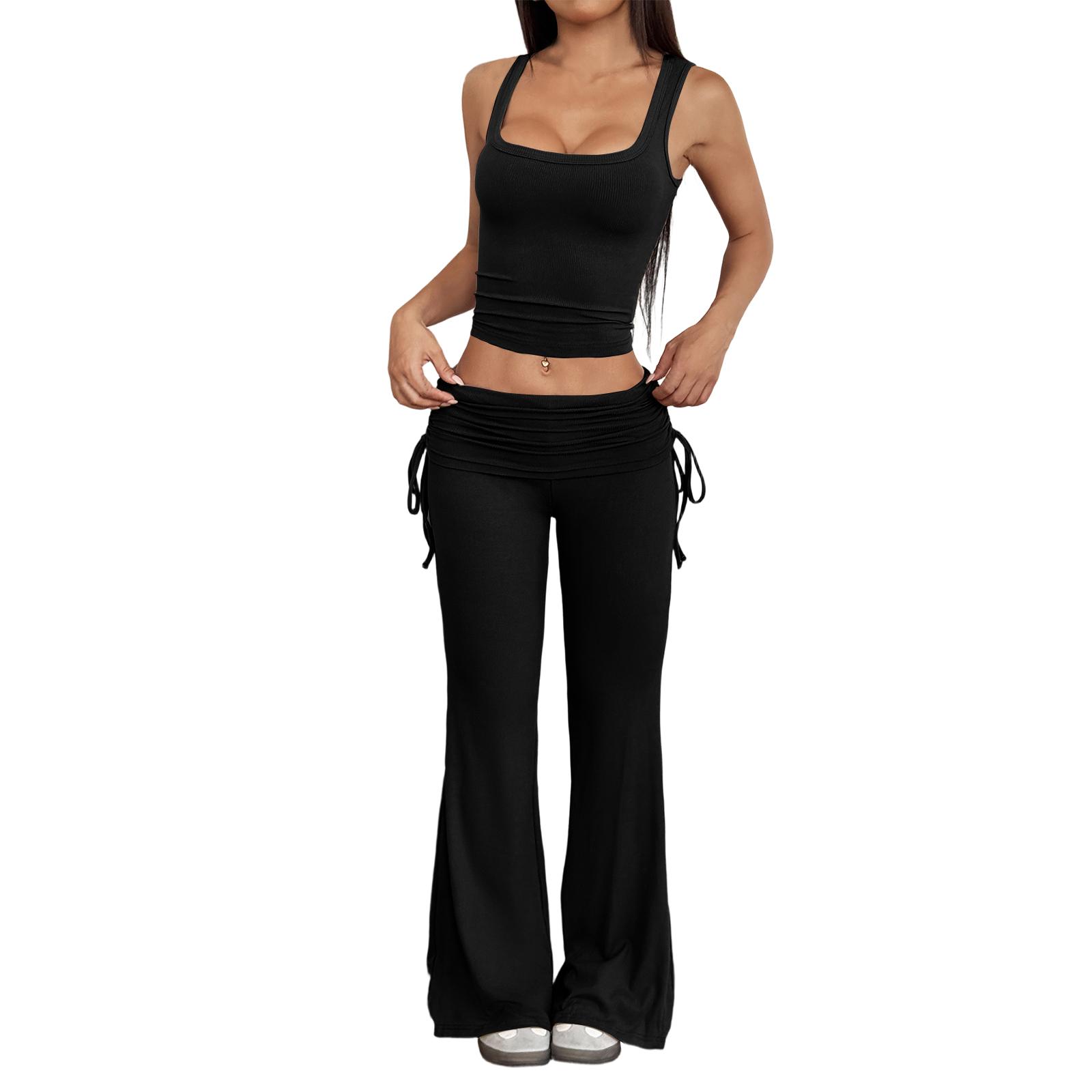 Женский Цветной Кружевной Костюм-Двойка на Шнуровке, Слегка Расклешенные Повседневные Брюки, Стройнящий, Для Поездок на Работу L чёрный