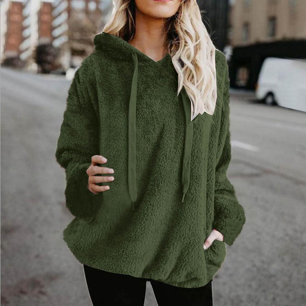 Women's Fashionable Warm Fleece Solid Color Hoodie Zipper Pocket Casual Sweatshirts