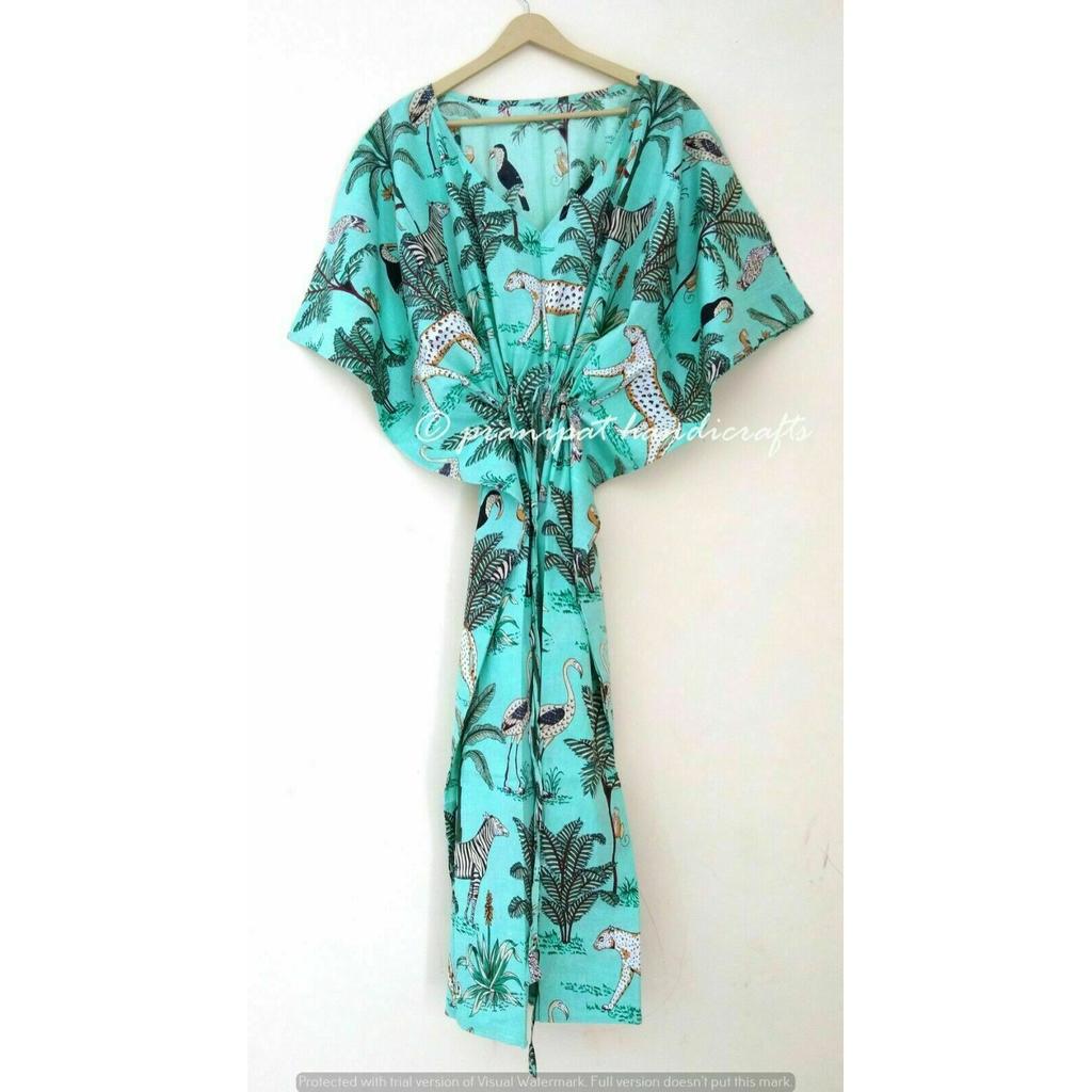 Indian Mint Long Animal Print Cotton Hippie Maxi Women Nightwear Caftan Dress CKFTN-SCRN-FULL-BUYIT-028