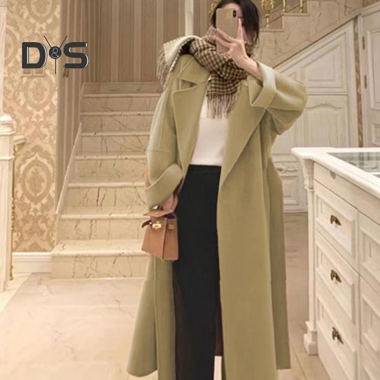 Sobretudo de inverno feminino com cinto, gola virada para baixo, bolsos, cardigan de cor pura, casaco de comprimento médio, mangas compridas, térmico, para deslocamento, namoro, casaco de inverno