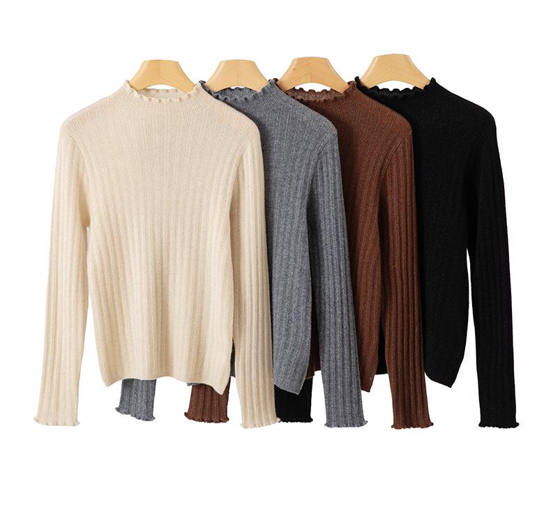 Lekasha Women's 100% Pure Cashmere Striped Sweater with Half-High Neck