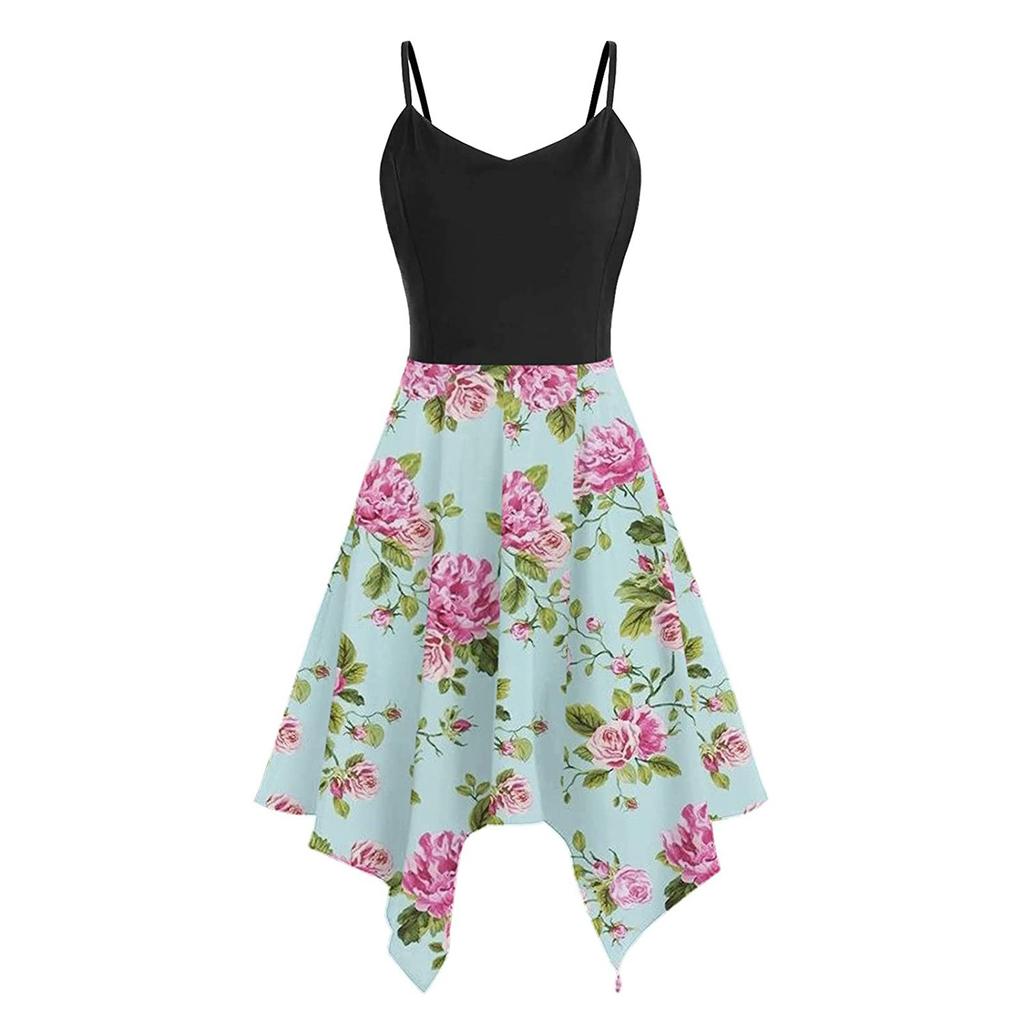 Summer Print  Straps Collision Color Splicing Irregular Dresses