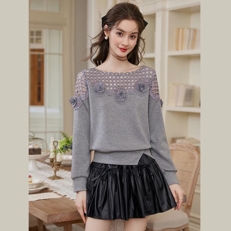 Bailuyu Women s 2026 Spring Lace Rivet Hollow Out Pullover Sweatshirt L
