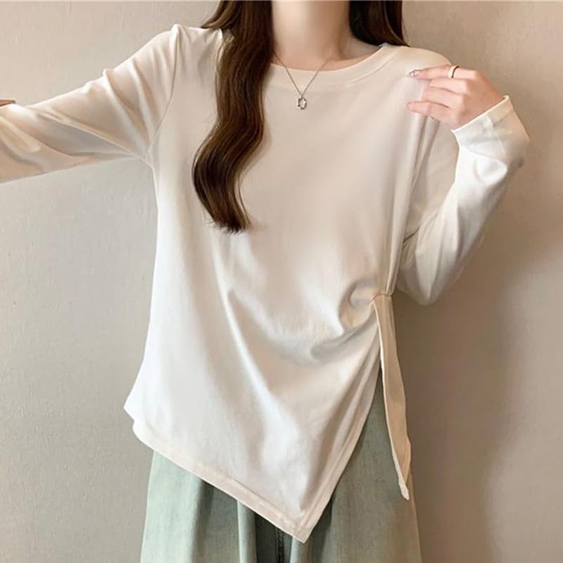 [ODFMCE] t-shirt ladies long sleeve spring cotton Plain color Fashionable Beautiful Relaxing big size is (JP, alphabet, XL, white)