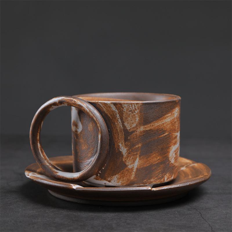Handcrafted Ceramic Coffee Cup and Saucer Set 7.4 Oz Mug with Unique Handle Rustic Glazed Finish Modern Design for Espresso Tea