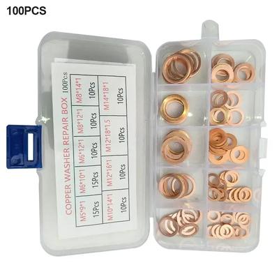 100PCS Copper Washer Gasket Nut and Bolt Set Sealing Solid Gasket Washer Flat Ring Seal Assortment Kit For Sump Plugs