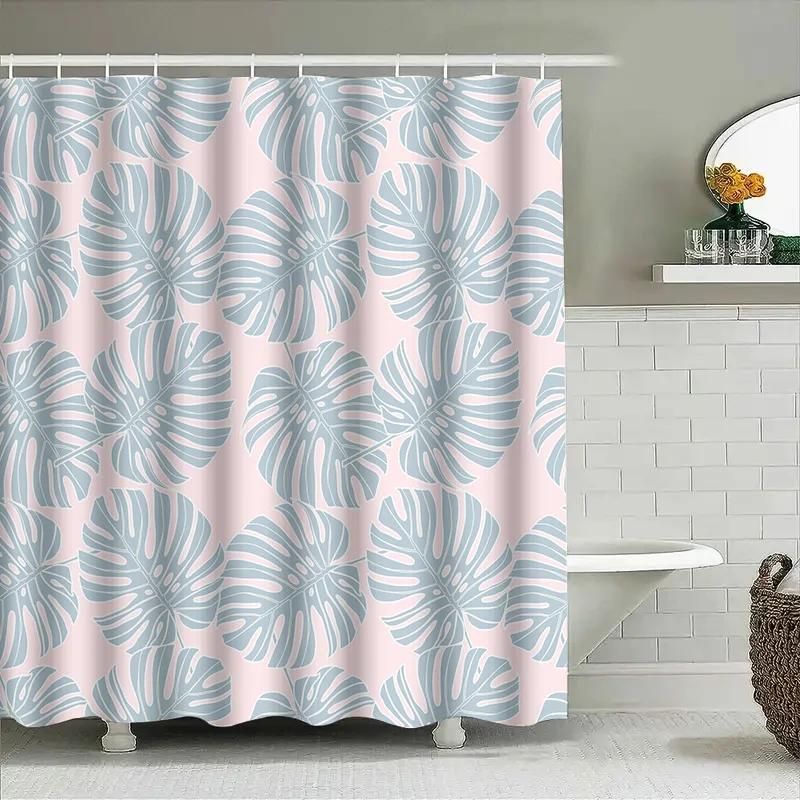Modern Monstera Leaf Pattern Waterproof Shower Curtain Set For Bathroom Decor Light Pink Blue Colors Available In Various Sizes