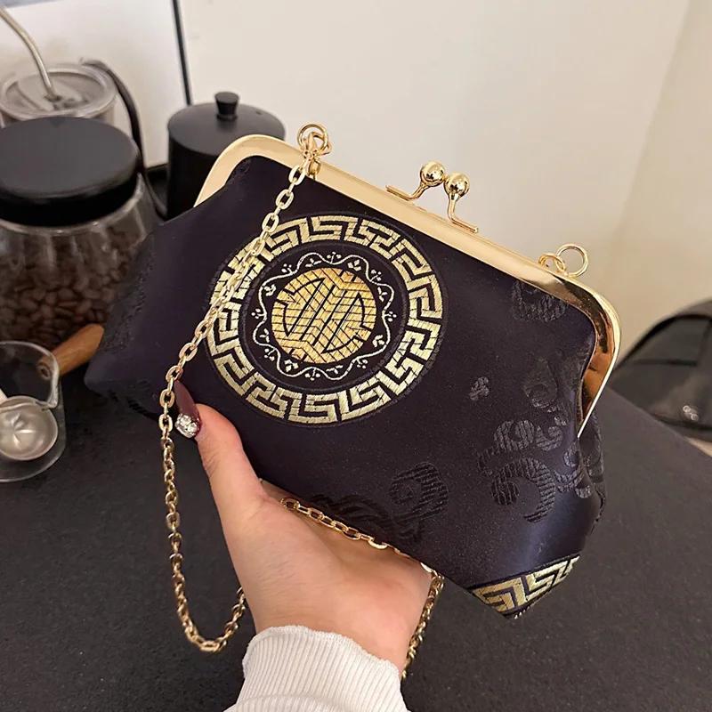 Retro taška přes rameno pro ženy Zlatá výšivka Lock Shell Clip Řetízek Messenger Clutch Zelená Crossbody kabelky