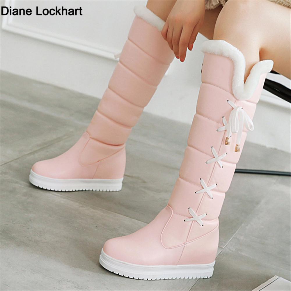 Fashion 2025 Winter Warm Pink White Snow Boots Women Shoes Low Heels Knee High Boots Female Lace-up Platform Plush Long Boats Mujer