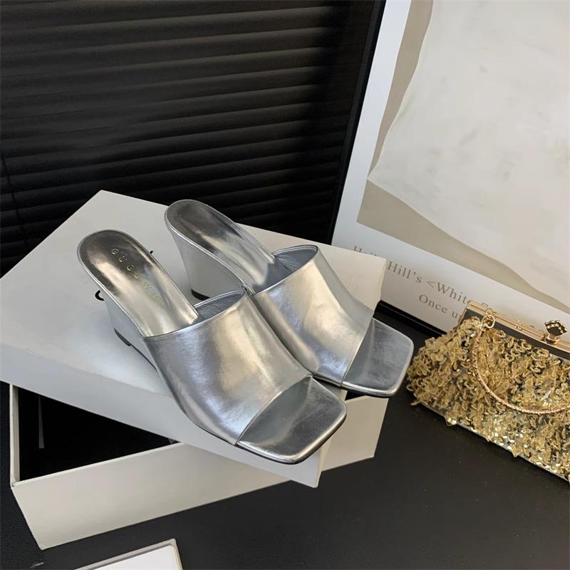Fashion Slippers Women Summer Shoes Slides Heeled Mules Fashion Square Toe Platform Pantofle High Luxury Soft 2025 Concise Pumps