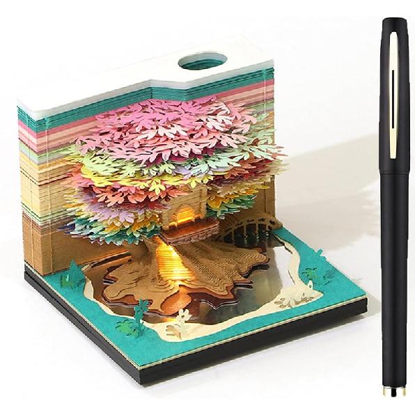 3D Desk Calendar 2025,Time Piece Calendar 2025,Tear-Away 3D Paper Art Notepad w LED Lights,Creative 3D Memo Artsy Pad Calendar, DIY Paper Carving