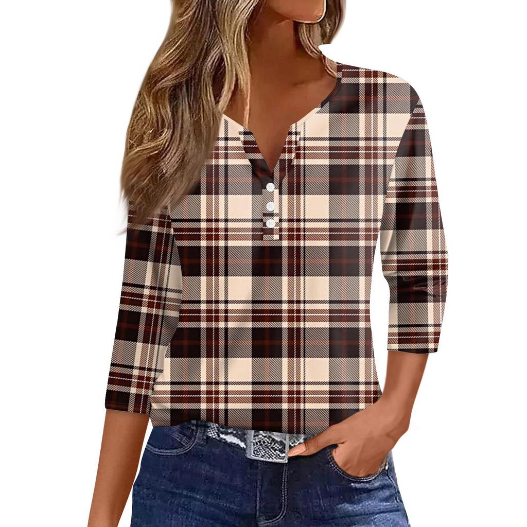 Damen T-Shirt Tee Bedruckt Knopf 3/4 Ärmel Tunika Täglich Wochenende Mode Basic V-Ausschnitt Reguläres Oberteil