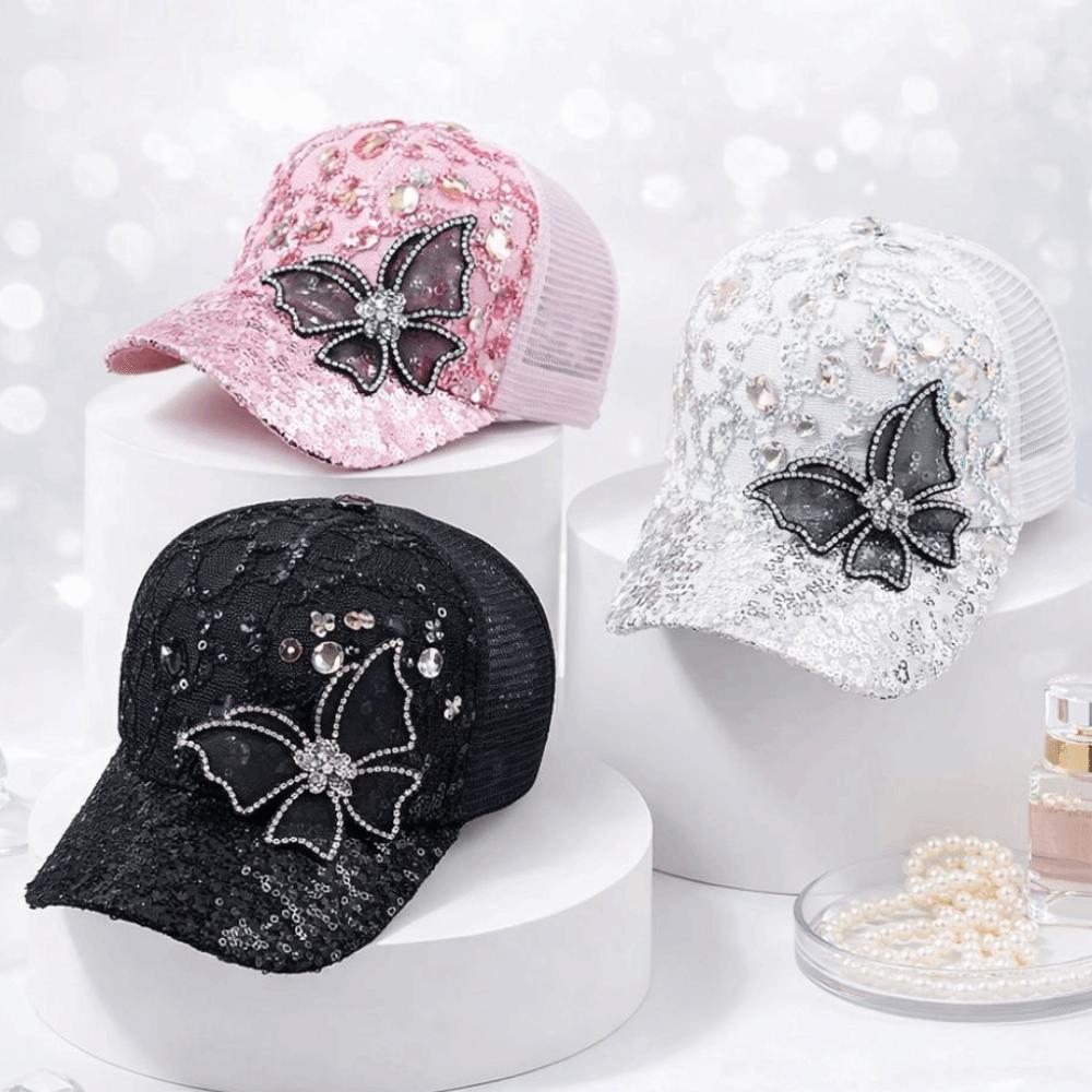 Fashion Mesh Women's Baseball Cap Breathable Butterfly Decor Sun Hat Adjustable Black Rhinestone Peaked Cap Spring Summer Autumn