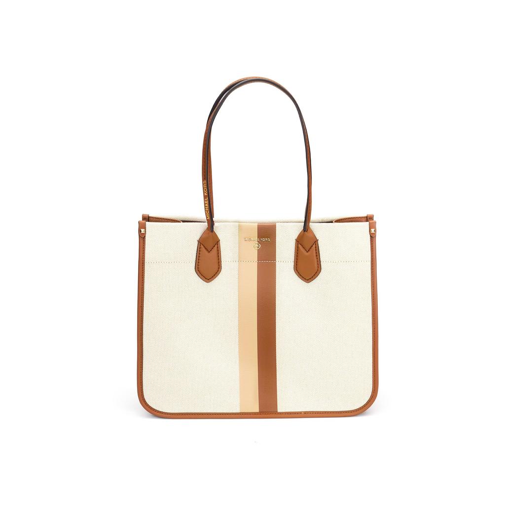 Michael Kors Heidi Color Block Striped Commuter Fashion Large Capacity Cotton Tote Bag Women Tote Brown Beige 30S2GH6T3C-299