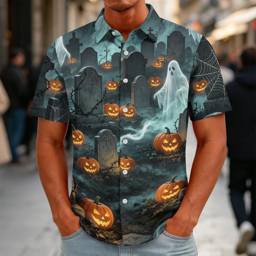 Herren Halloween Bedrucktes Vintage Textur Hemd Locker Atmungsaktiv Kurzarm Knopfleiste Lässiges Streetwear Oberteil für den täglichen Gebrauch