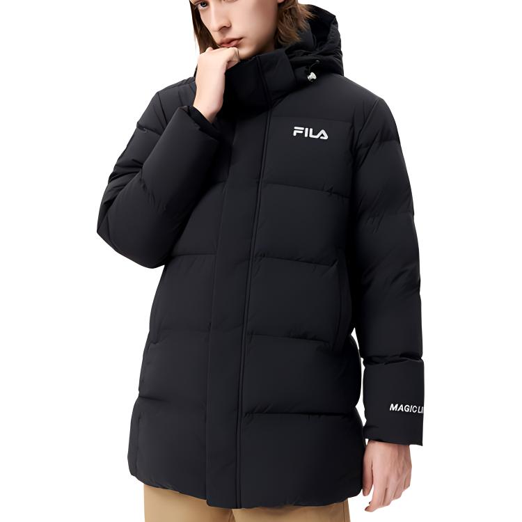 FILA Solid Color Mid-Length Letter Logo Hooded Down Jacket Men Outerwear Black F51M249904F-BK