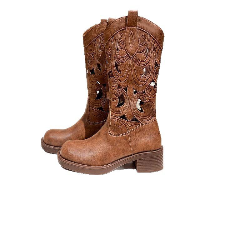 Retro hollow western cowboy boots 2025 new cool boots but knee thin thick heel boots super foreign versatile
