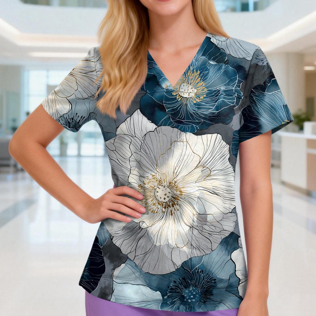 Damen V-Ausschnitt Drei-Taschen Kurzarm Retro-Print Uniform/Pflegekraft Oberteil Mit Schlitzen Am Saum