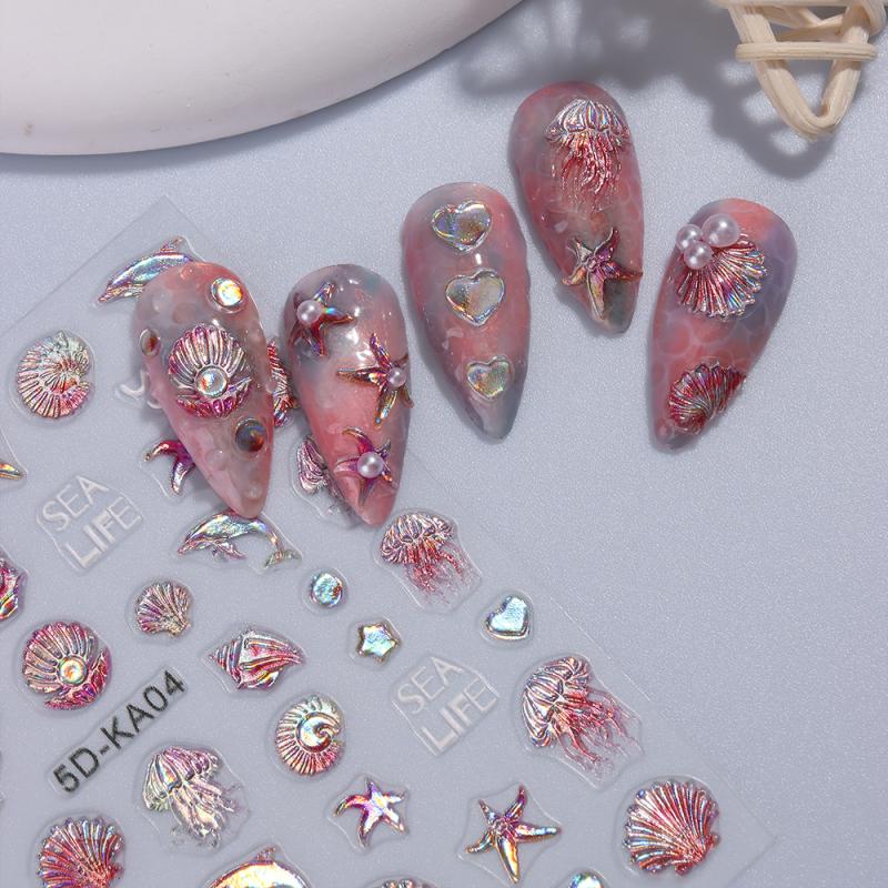 Embossed Jellyfish Shell Ocean Nail Art Sticker Self Adhesive Marine Life Whale Nail Decals Manicure Diy Supplies Nails Slider