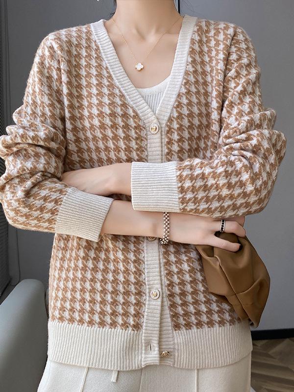 Women's V-Neck Houndstooth Color Block 100% Wool Cardigan Sweater