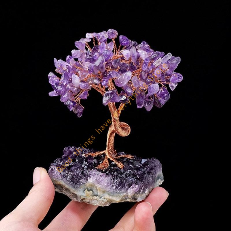 55KF Crystal Money Tree with Amethysts Cluster Base for Home Office Desktop Decors