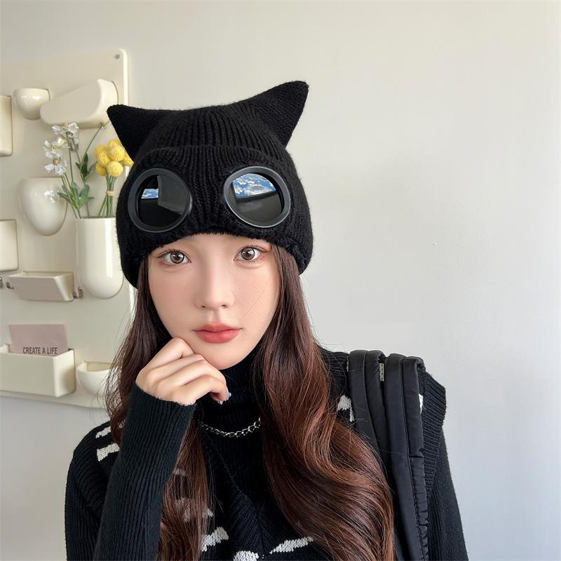 Fashion Cat Ears Knitted Pullover Hat Ladies Autumn and Winter Glasses Wind-proof Cold Fleece Warm Ear Cap