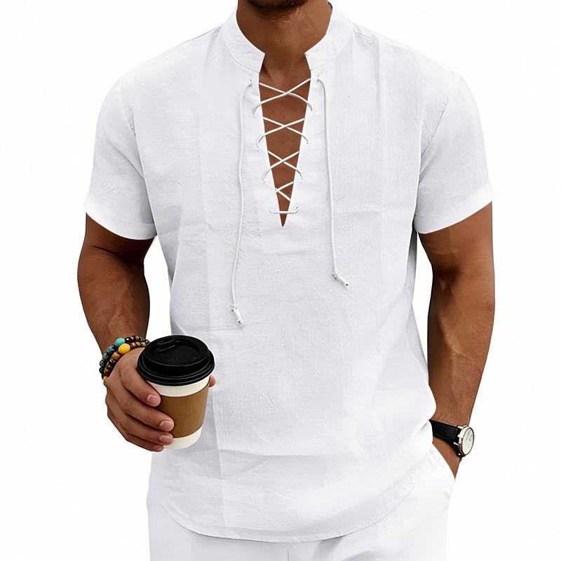 Men's Linen‑Blend Lace‑Up Stand‑Collar Shirt, Crisscross Tie Front V‑Neck, Short Sleeve, Breathable Relaxed‑Fit Medieval Renaissance Casual Summer Top