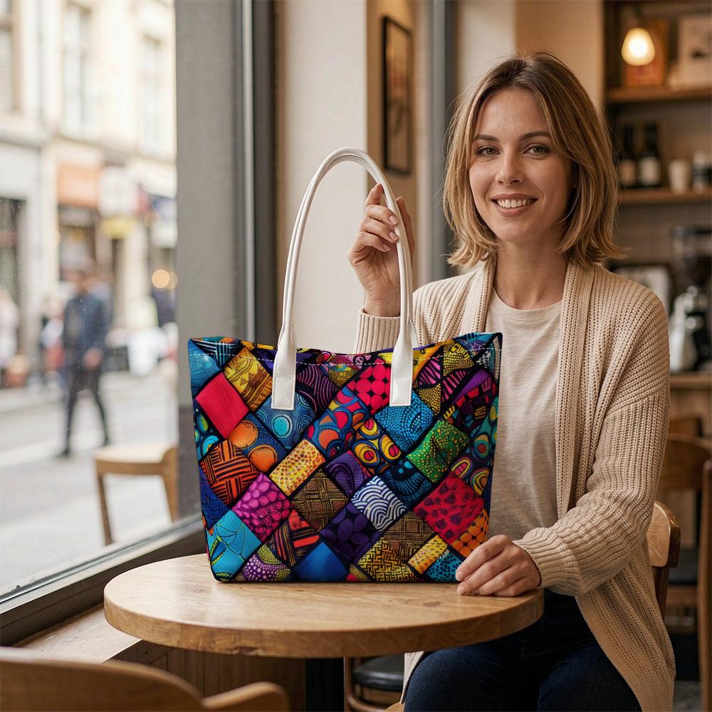 Vibrant Geometric Pattern Daily Tote Bag Casual Ladies Portable Fashion Shoulder Handbag for Outdoor Shopping