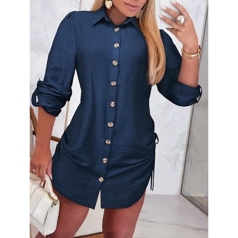 

Wish autumn fashion long-sleeved solid color drawstring dress on both sides women S тёмно-синий