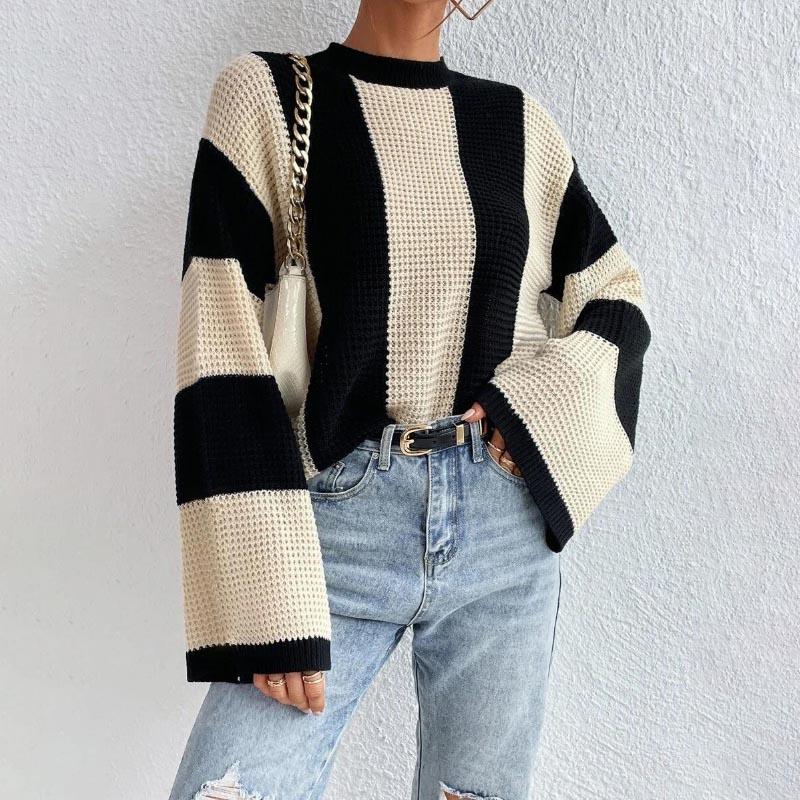 Sweater for Women Winter Thickened Pullover Round Neck Stripes Knitted Stretchy Long Sleeve Oversize Jumper Sweater Tops