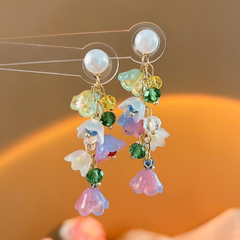 Silver needle colored butterfly flower crystal fringed earrings small fresh and sweet temperament stud earrings niche design earrings