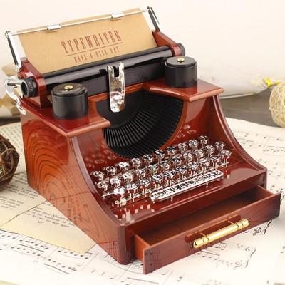 1 st Kreativ Klassisk Retro Trä Metall Skrivmaskin Musiklåda Skrivbordshem Kontorsdekor Musikkartonger Barn Födelsedag Leksak Gåva