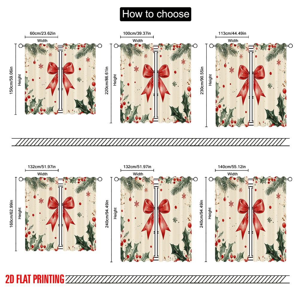 2pcs,2D plane printing Pattern Curtains Christmas Ornaments Red Bow Watercolor (3) Polyester Fabric (without rod) Holiday Ldeal